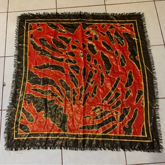 Vintage 80s St John Knit Scarf Print Square Red Black Gold Square - Picture 5 of 5